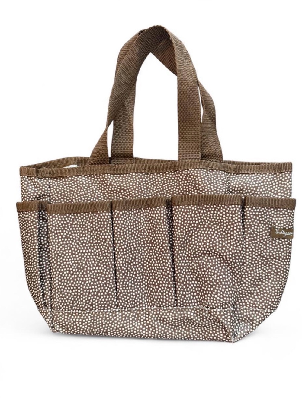 THIRTY-ONE mini utility tote. Brown and white polka dots. 5 pockets across front